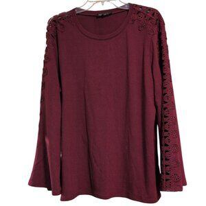 DG2 Sweater Embroidered Long Sleeved Crew Neck Pullover In Wine with Bell Cuffs